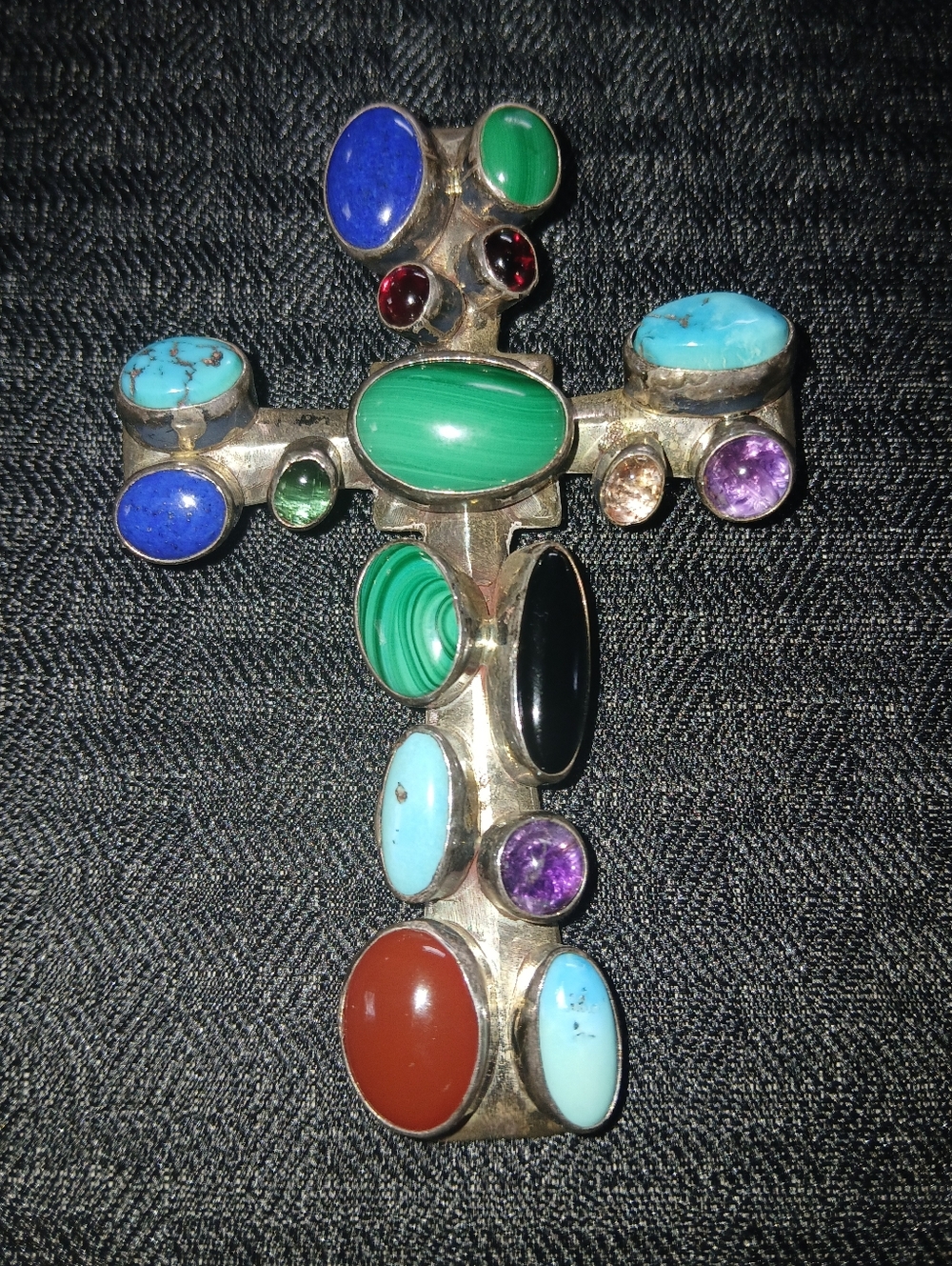 Silver Multistone Cross Pendant Necklace - Turquoise, Malachite, Lapis & More